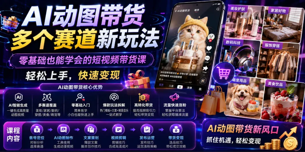 AI动图带货多个赛道新玩法，零基础也能学会的短视频带货课，轻松上手，快速变现-创客联盟