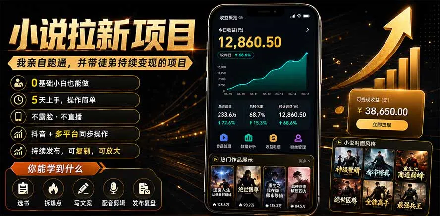 抖音及多平台小说拉新项目：我亲自跑通并持续带徒弟实操｜0基础小白5天上手快速变现-创客联盟