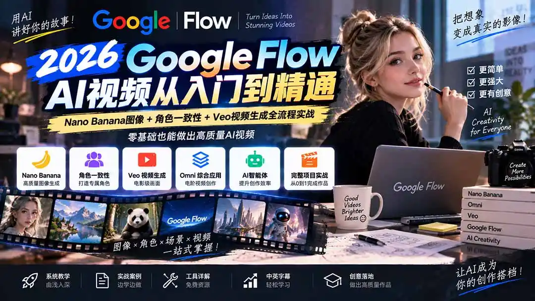 【无水印】Google Flow AI视频从入门到精通：Nano Banana图像+角色一致性+Veo视频生成全流程实战-精翻中英字幕-创客联盟