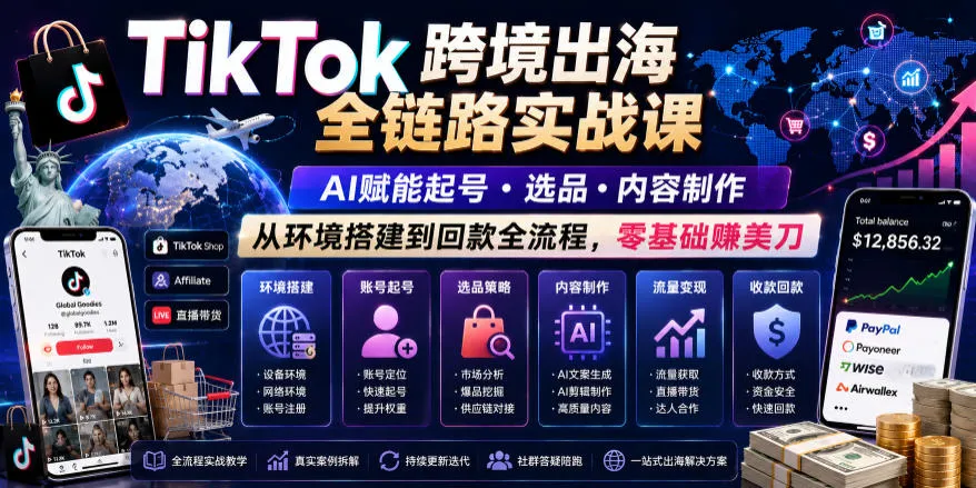 TikTok跨境出海全链路实战课,AI赋能起号・选品・内容制作,从环境搭建到回款全流程,零基础賺美刀-云网创