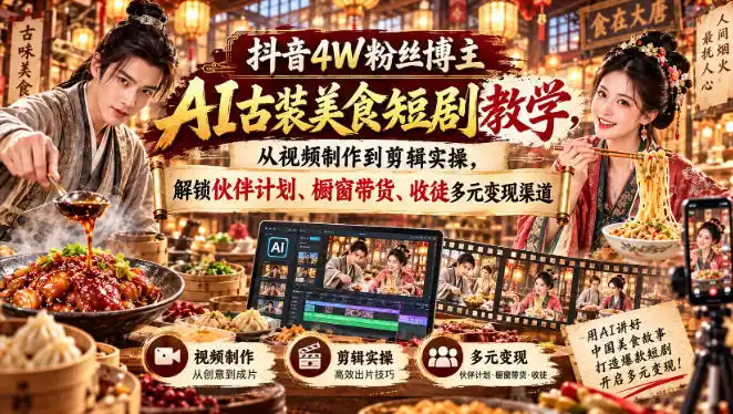 抖音4W粉丝博主AI古装美食短剧教学,从视频制作到剪辑实操,解锁伙伴计划、橱窗带货、收徒多元变现渠道-创客联盟