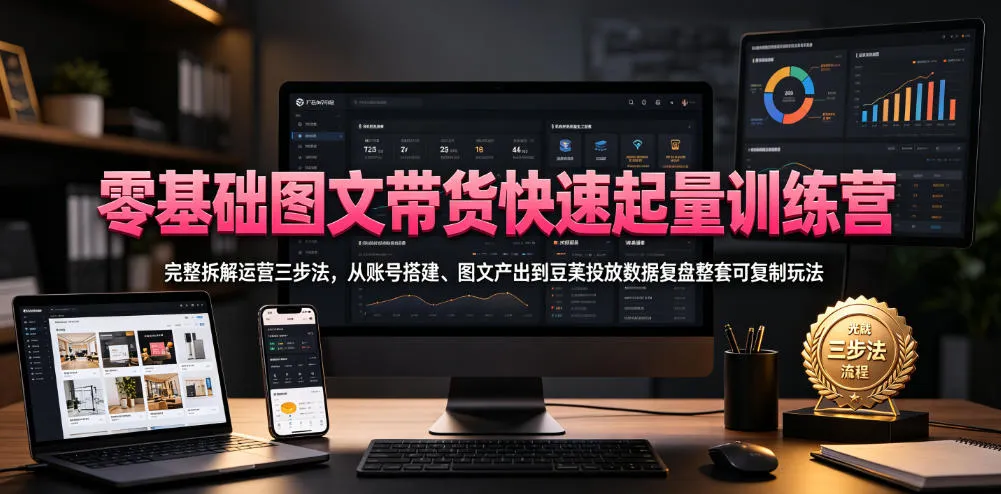 零基础图文带货快速起量训练营，完整拆解运营三步法，从账号搭建、图文产出到豆荚投放数据复盘整套可复制玩法-创客联盟