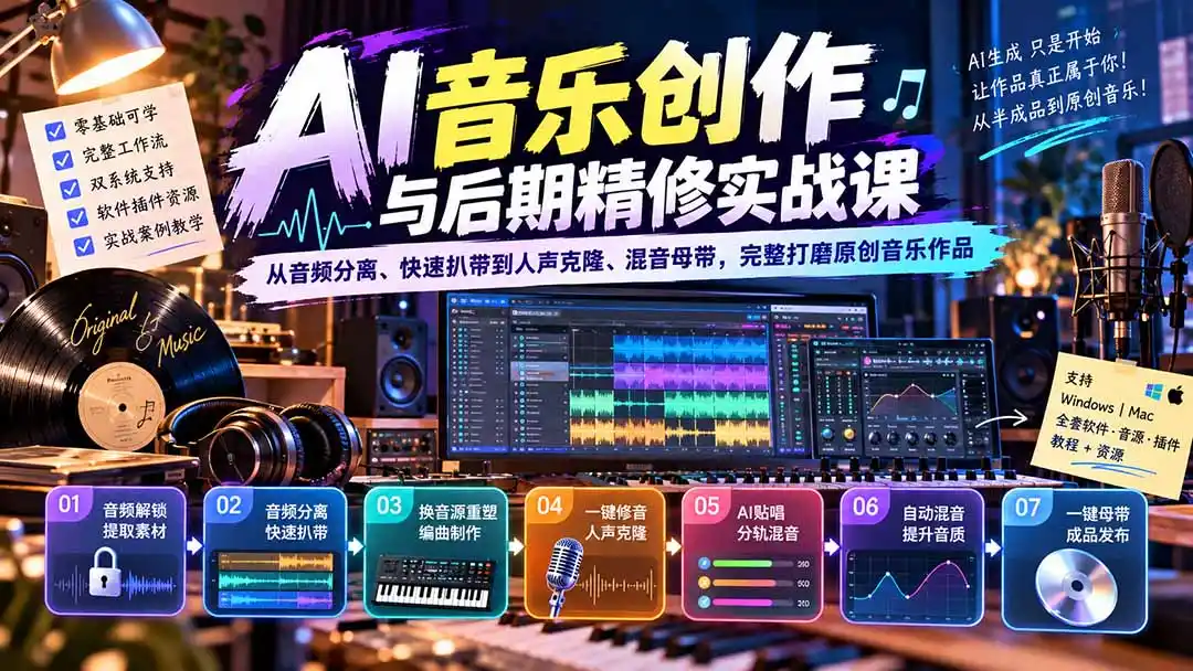 AI音乐创作与后期精修实战课：从音频分离、快速扒带到人声克隆、混音母带，完整打磨原创音乐作品-创客联盟