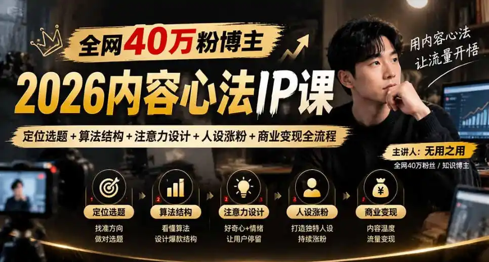 【无水印】全网40W粉博主的2026内容心法IP课，定位选题+算法结构+注意力设计+人设涨粉+商业变现全流程-创客联盟