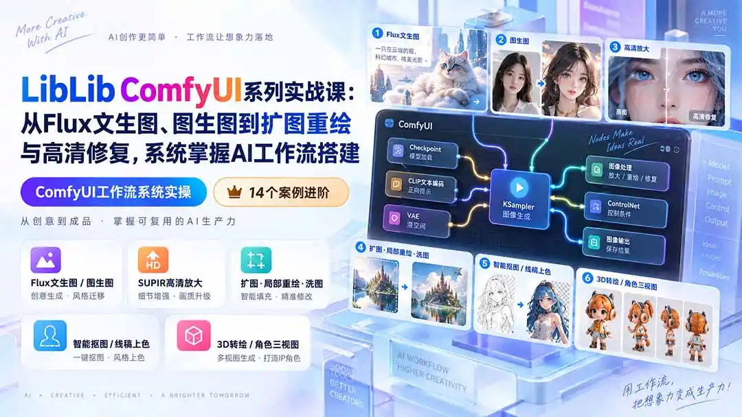 LibLib ComfyUI系列实战课：从Flux文生图、图生图到扩图重绘与高清修复，系统掌握AI工作流搭建-创客联盟