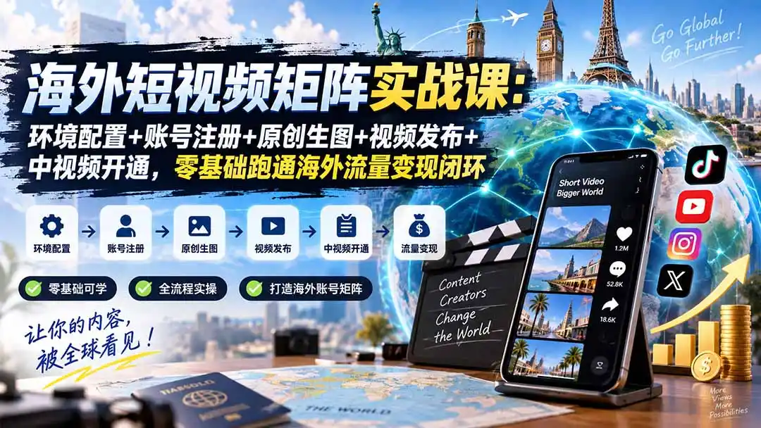 海外短视频矩阵实战课:环境配置+账号注册+原创生图+视频发布+中视频开通,零基础跑通海外流量变现闭环-创客联盟