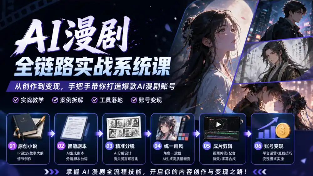 AI漫剧全链路实战系统课｜原创小说、智能剧本、精准分镜、统一画风、成片剪辑、账号变现实操教学-创客联盟