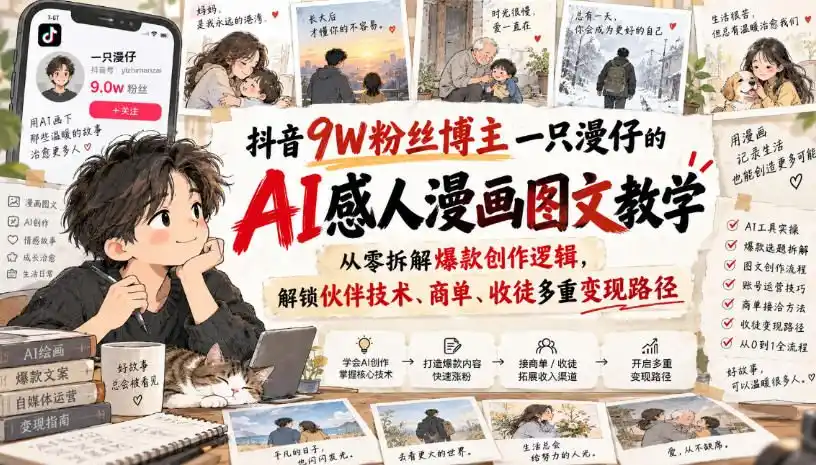 抖音9W粉丝博主一只漫仔的AI感人漫画图文教学,从零拆解爆款创作逻辑,解锁伙伴技术、商单、收徒多重变现路径-创客联盟