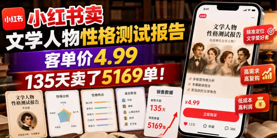 小红书卖文学人物性格测试报告，客单价4.99，135天卖了5169单！-创客联盟