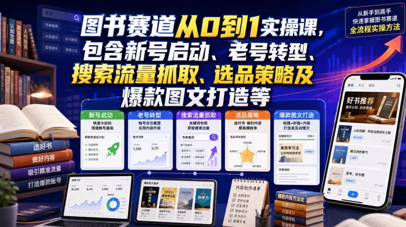 图书赛道从0到1实操课,包含新号启动、老号转型、搜索流量抓取、选品策略及爆款图文打造等-创客联盟