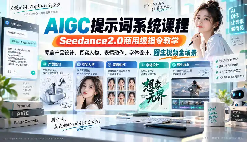 AIGC提示词系统课程,Seedance2.0商用级指令教学,覆盖产品设计、真实人物、表情动作、字体设计、图生视频全场景-创客联盟