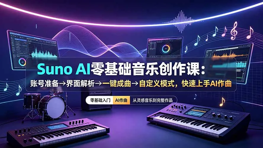 Suno AI零基础音乐创作课：账号准备→界面解析→一键成曲→自定义模式，快速上手AI作曲-创客联盟