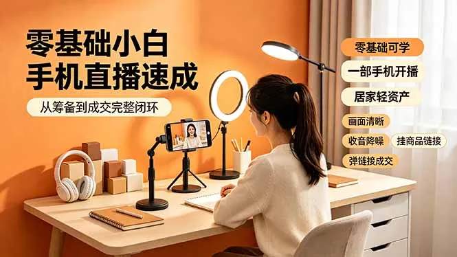 零基础小白手机直播速成，从筹备到成交完整闭环，适配苹果安卓系统，解决杂音卡顿留人难问题-创客联盟
